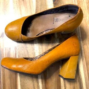 FLY London chunky heel pump, mustard yellow